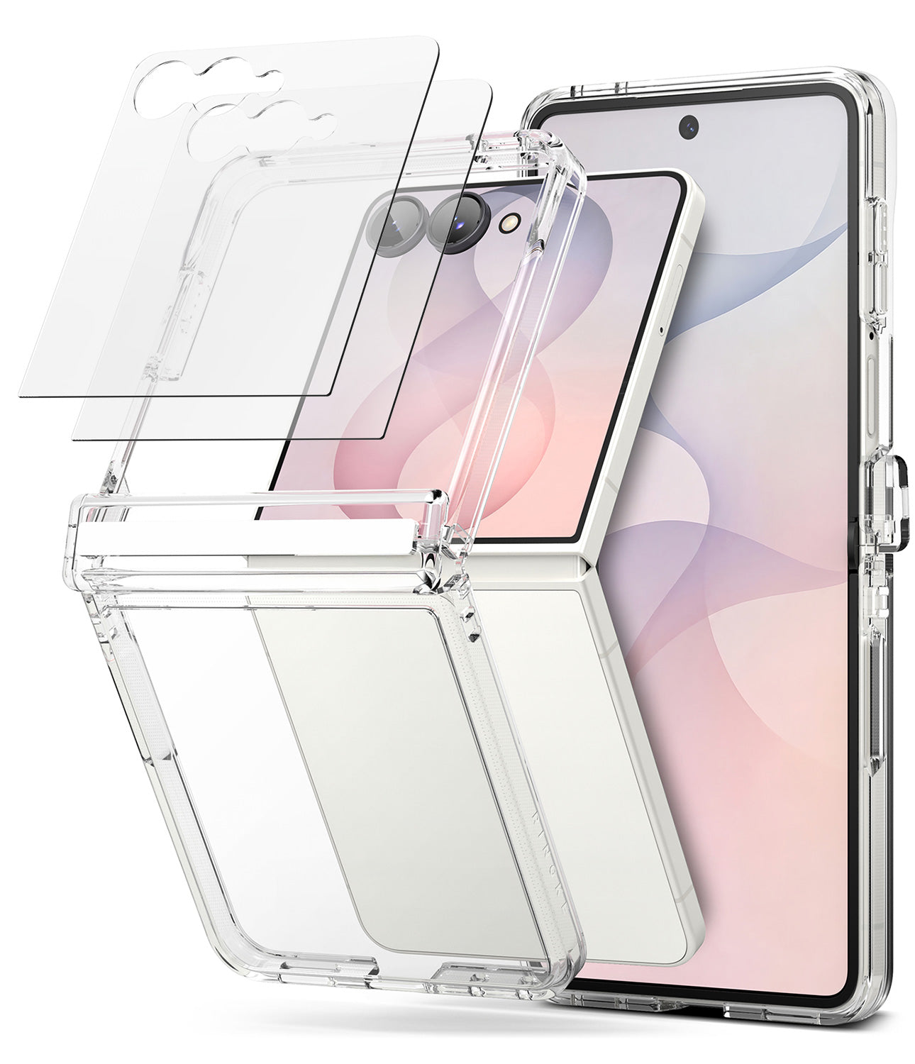 [Bundle] Galaxy Z Flip 8 | Fusion Flap + Screen Protectors (2P) - Clear protective case and screen protector set shown over a smartphone on a white background.