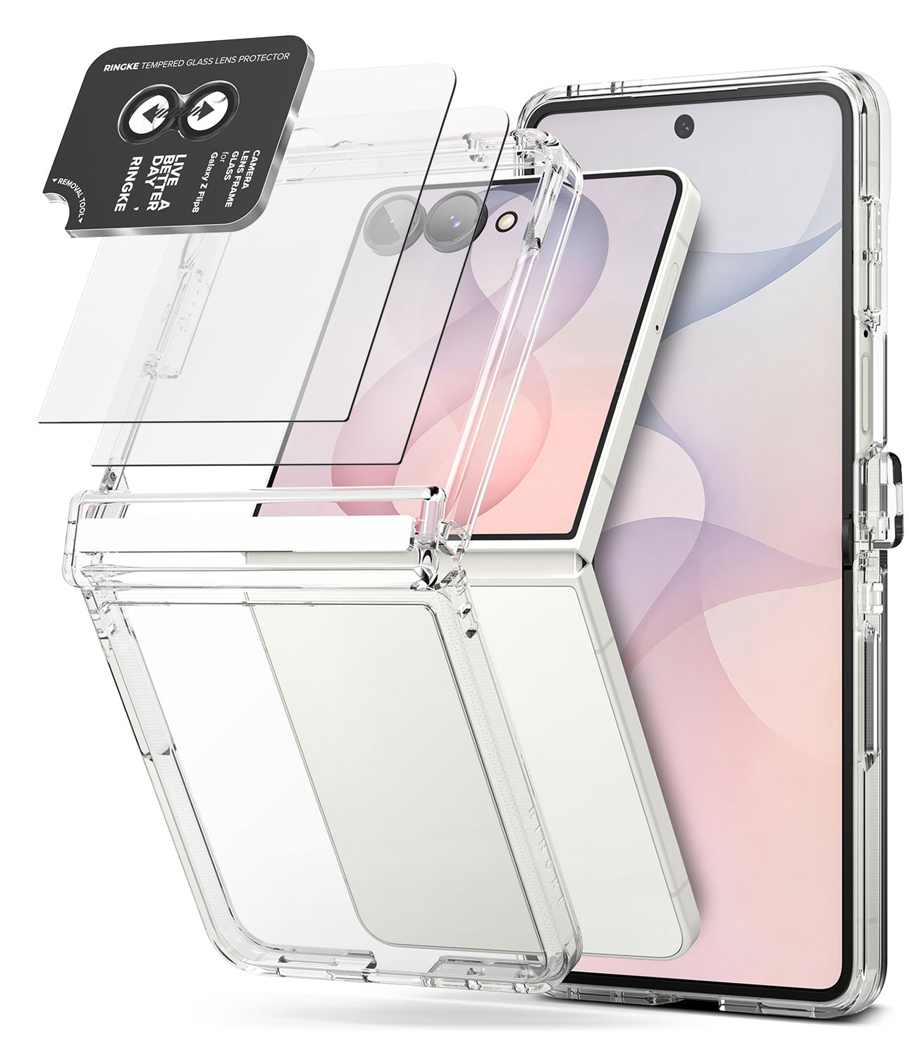 [Bundle] Galaxy Z Flip 8 | Fusion Flap + Screen / Camera Protectors (2P) - Transparent clear protective case shown on a smartphone, with layered transparent film pieces and a small black lens protector sticker displayed around the phone on a clean white background.