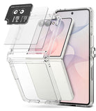 [Bundle] Galaxy Z Flip 8 | Fusion Flap + Screen / Camera Protectors (2P) - Transparent clear protective case shown on a smartphone, with layered transparent film pieces and a small black lens protector sticker displayed around the phone on a clean white background.