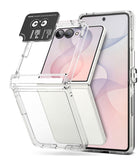 [Bundle] Galaxy Z Flip 8 | Fusion Flap + Camera Protectors (2P) - Clear protective case for a foldable smartphone with a built-in screen protector and a small black accessory piece, shown on a white background.
