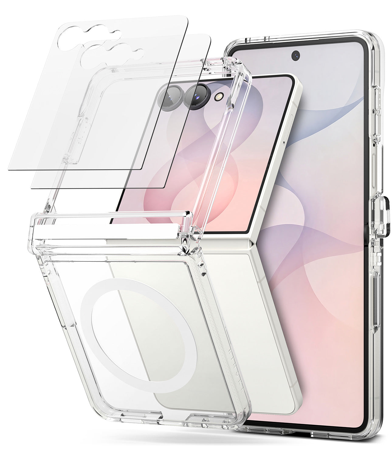 [Bundle] Galaxy Z Flip 8 | Fusion Flap Magnetic + Screen Protector (2P) - Clear protective case for a foldable smartphone, shown with the phone partially inserted and two transparent screen protectors floating above on a white background.