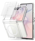 [Bundle] Galaxy Z Flip 8 | Fusion Flap Magnetic + Screen Protector (2P) - Clear protective case for a foldable smartphone, shown with the phone partially inserted and two transparent screen protectors floating above on a white background.