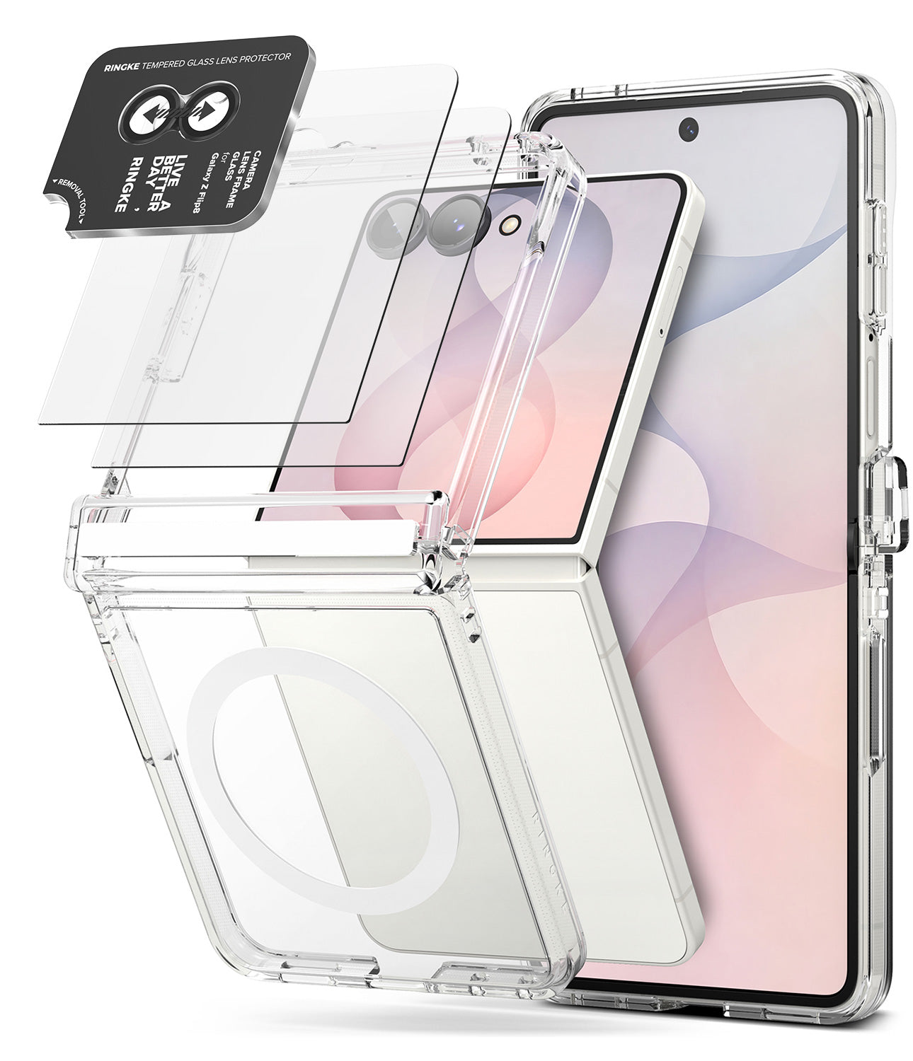[Bundle] Galaxy Z Flip 8 | Fusion Flap Magnetic + Screen / Camera Protectors (2P) - Clear protective case for a foldable smartphone shown with the phone partially inserted, plus separate transparent screen protectors and a black MagSafe-compatible ring accessory on a white background.