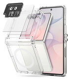 [Bundle] Galaxy Z Flip 8 | Fusion Flap Magnetic + Screen / Camera Protectors (2P) - Clear protective case for a foldable smartphone shown with the phone partially inserted, plus separate transparent screen protectors and a black MagSafe-compatible ring accessory on a white background.