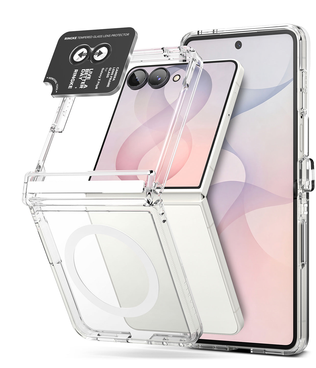 [Bundle] Galaxy Z Flip 8 | Fusion Flap Magnetic + Camera Protector (2P) - Clear protective case for a foldable smartphone with a built-in screen protector and a small black accessory piece, shown on a white background.