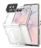 [Bundle] Galaxy Z Flip 8 | Fusion Flap Magnetic + Camera Protector (2P) - Clear protective case for a foldable smartphone with a built-in screen protector and a small black accessory piece, shown on a white background.