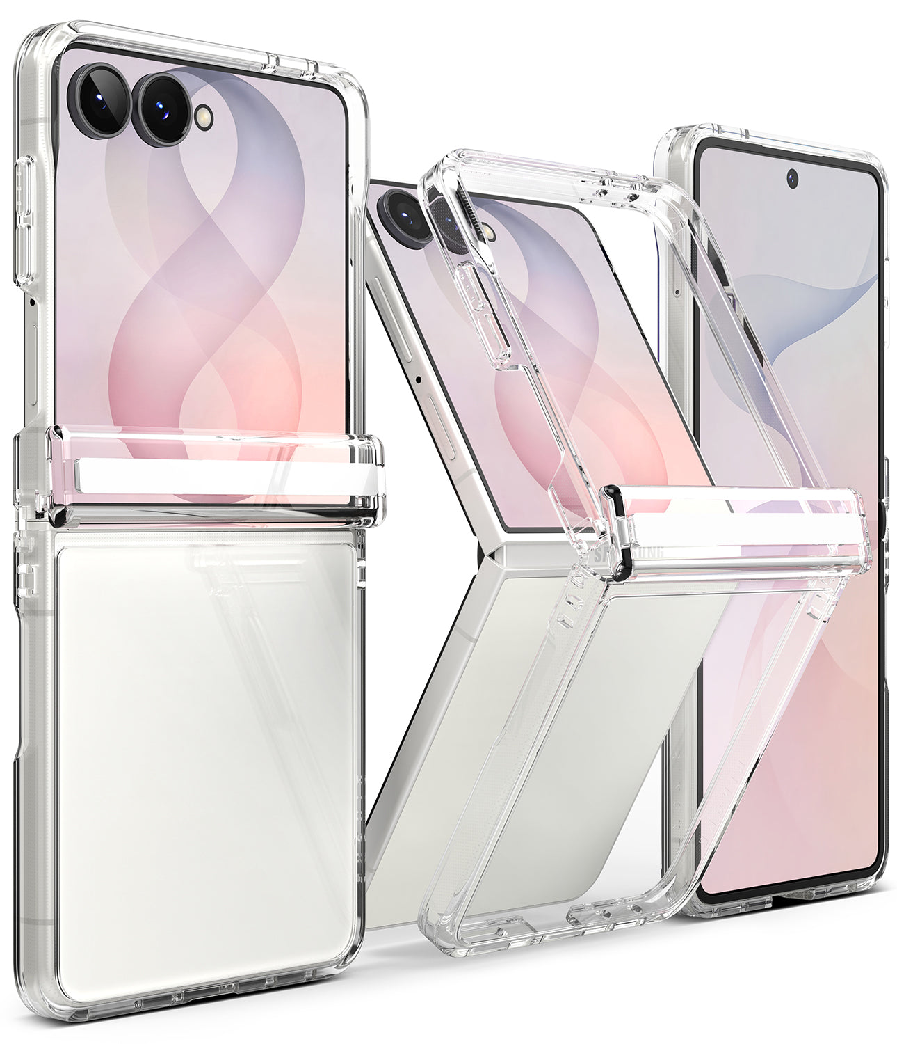 Galaxy Z Flip 8 Case | Fusion Flap - Transparent protective cases for a foldable smartphone, shown with the device partially open and closed in multiple angles on a clean white background.