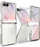 Galaxy Z Flip 8 Case | Fusion Flap - Transparent protective cases for a foldable smartphone, shown with the device partially open and closed in multiple angles on a clean white background.