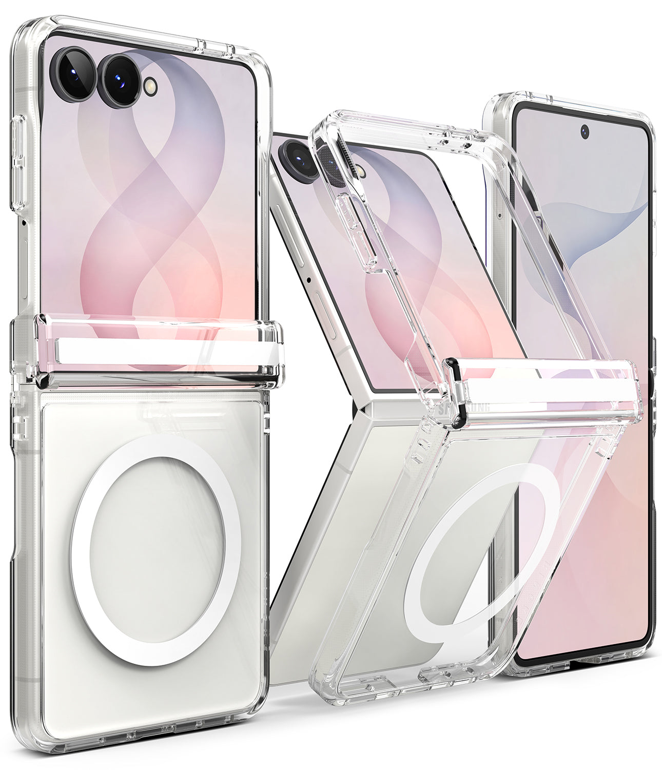 Galaxy Z Flip 8 Case | Fusion Flap Magnetic - Transparent MagSafe-compatible protective case for a foldable smartphone, shown in multiple angles with a white foldable phone inside. The case is clear and designed to fit the outer edges of a folding device, featuring a built-in magnetic ring.
