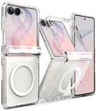 Galaxy Z Flip 8 Case | Fusion Flap Magnetic - Transparent MagSafe-compatible protective case for a foldable smartphone, shown in multiple angles with a white foldable phone inside. The case is clear and designed to fit the outer edges of a folding device, featuring a built-in magnetic ring.