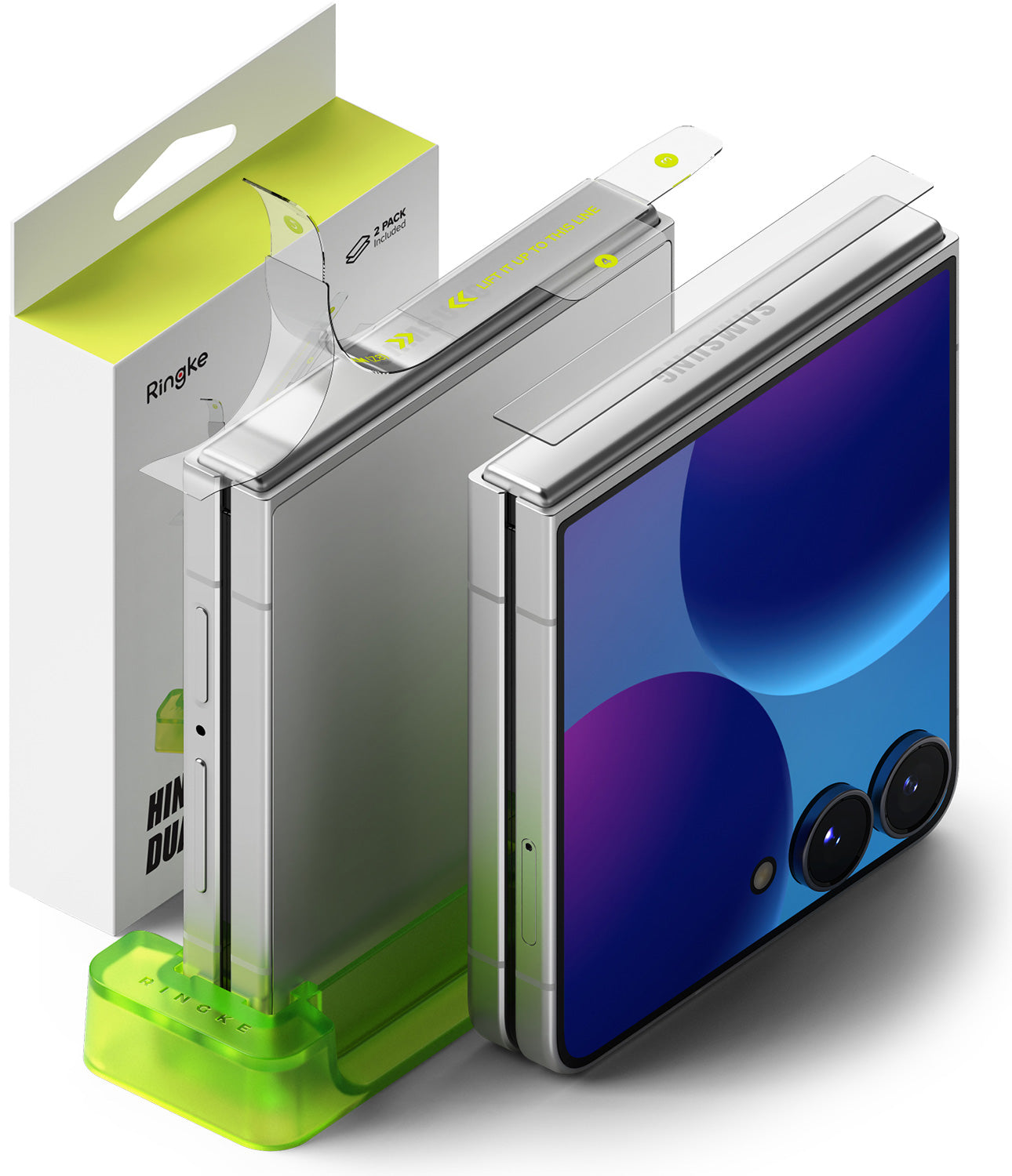 Galaxy Z Flip 8 Hinge Protector | Hinge Dual Easy Film (2 Pack) - Ringke Hinge Dual Easy Film for Samsung Galaxy Z Flip8, showing the product mounted on its translucent green plastic stand next to its white and lime green retail packaging box.