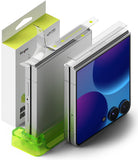 Galaxy Z Flip 8 Hinge Protector | Hinge Dual Easy Film (2 Pack) - Ringke Hinge Dual Easy Film for Samsung Galaxy Z Flip8, showing the product mounted on its translucent green plastic stand next to its white and lime green retail packaging box.
