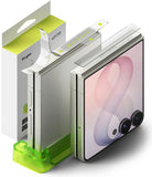 Galaxy Z Flip 8 Hinge Protector | Hinge Dual Easy Film (2 Pack) - A silver Ringke Hinge Duo foldable phone shown open with its packaging box and green stand on a white background.