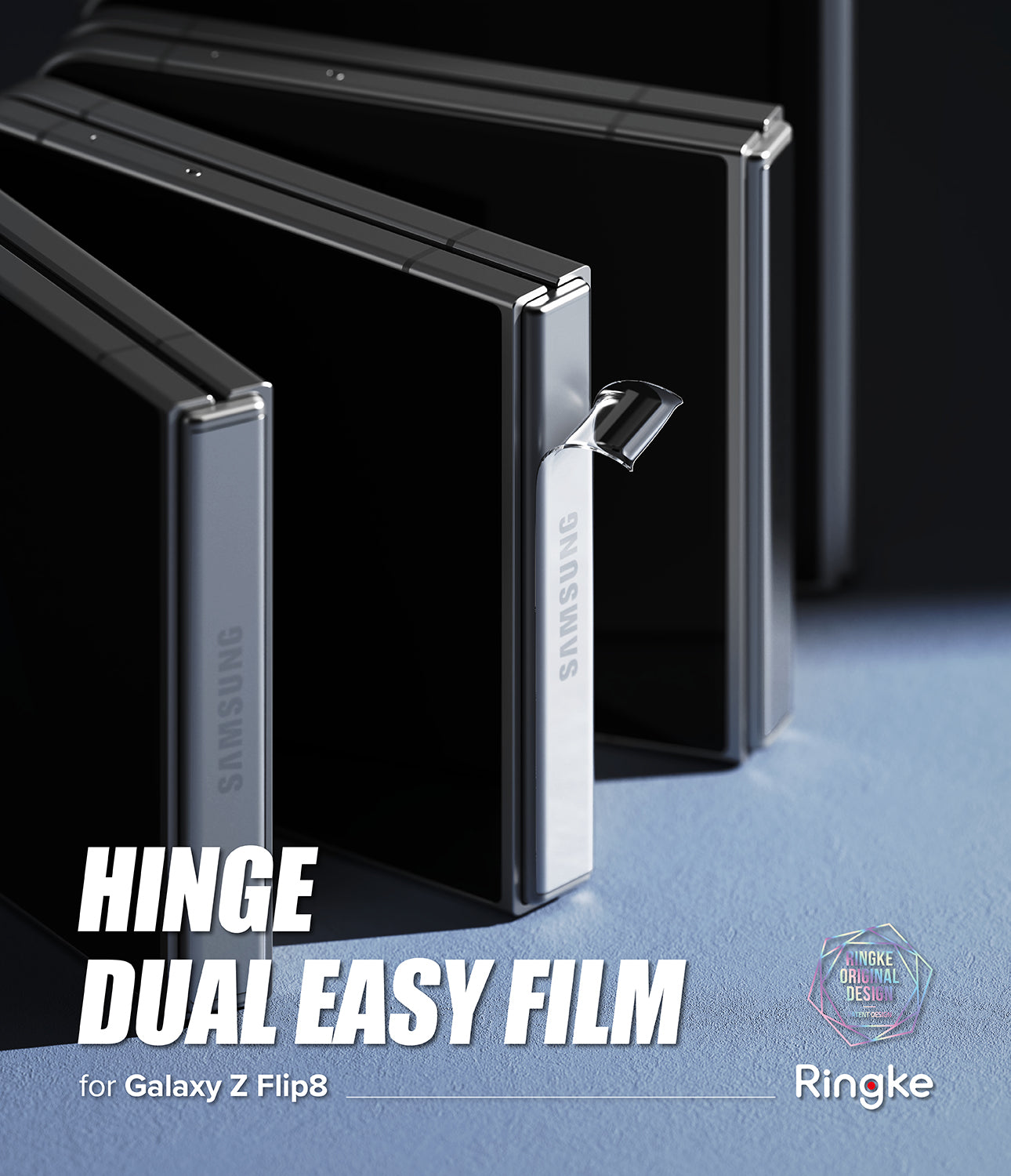 Galaxy Z Flip 8 Hinge Protector | Hinge Dual Easy Film (2 Pack) - Three Samsung Galaxy Z Flip8 foldable phones shown closed in a studio-style composition on a blue surface with a dark background. Large text reads 'HINGE DUAL EASY FILM' and 'for Galaxy Z Flip8', with the Ringke logo in the lower right.