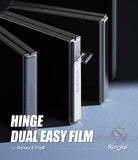 Galaxy Z Flip 8 Hinge Protector | Hinge Dual Easy Film (2 Pack) - Three Samsung Galaxy Z Flip8 foldable phones shown closed in a studio-style composition on a blue surface with a dark background. Large text reads 'HINGE DUAL EASY FILM' and 'for Galaxy Z Flip8', with the Ringke logo in the lower right.