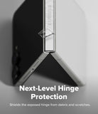 Galaxy Z Flip 8 Hinge Protector | Hinge Dual Easy Film (2 Pack) - Close-up of a foldable smartphone hinge with a transparent protective cover applied, overlaid with the text 'Next-Level Hinge Protection' and 'Shields the exposed hinge from debris and scratches.'.