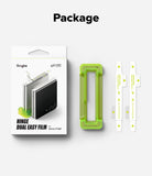 Galaxy Z Flip 8 Hinge Protector | Hinge Dual Easy Film (2 Pack) - Ringke Hinge Dual Easy Film packaging shown next to the lime green translucent hinge protector and two white adhesive film strips on a light gray background.