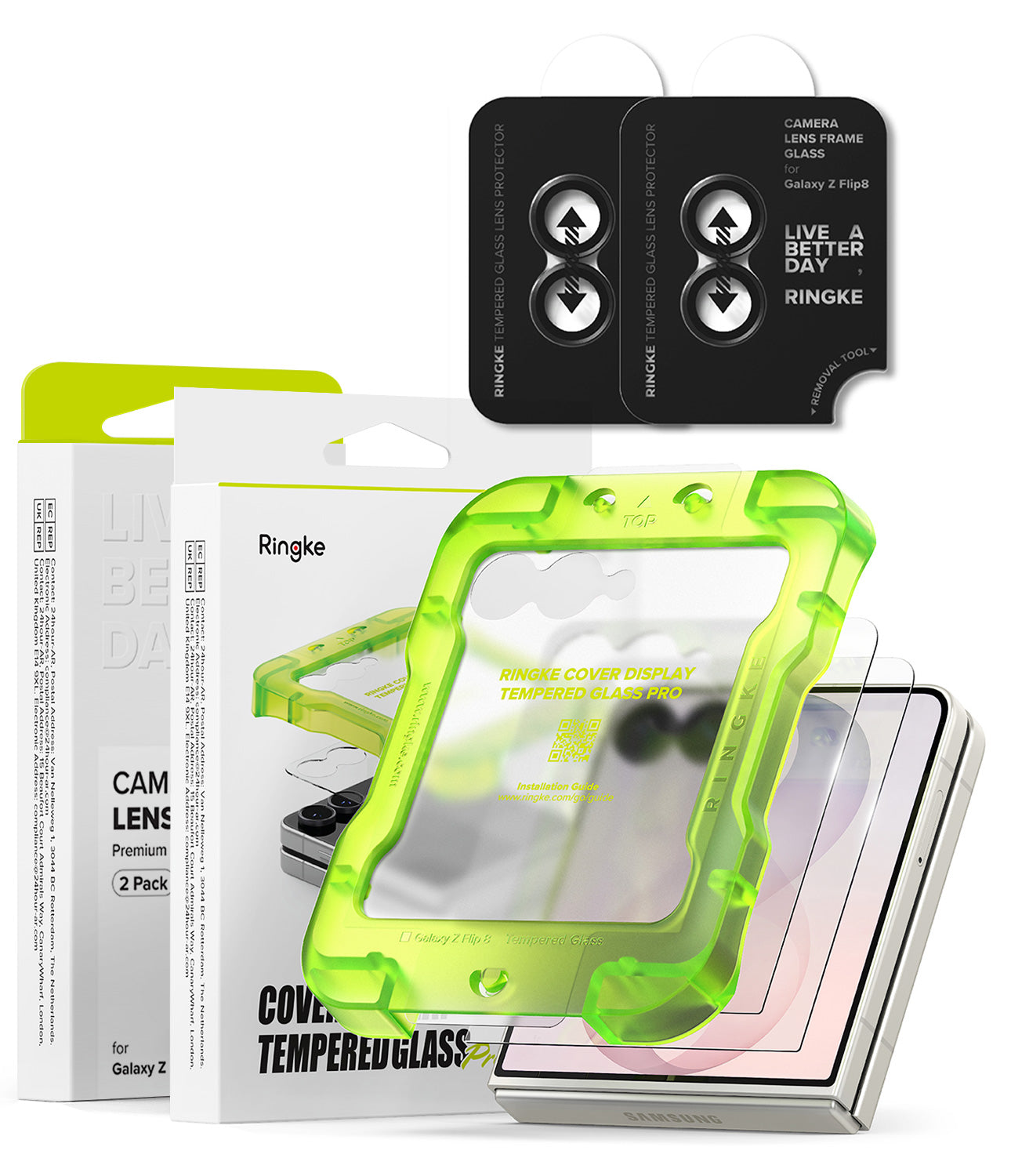 [Bundle] Galaxy Z Flip 8 | Screen + Camera Protectors - Ringke camera lens protector and tempered glass screen protector kit for Samsung Galaxy Z Flip 3, featuring a translucent neon green shockproof camera frame, two screen protectors, and retail packaging on a white background.