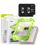 [Bundle] Galaxy Z Flip 8 | Screen + Camera Protectors - Ringke camera lens protector and tempered glass screen protector kit for Samsung Galaxy Z Flip 3, featuring a translucent neon green shockproof camera frame, two screen protectors, and retail packaging on a white background.