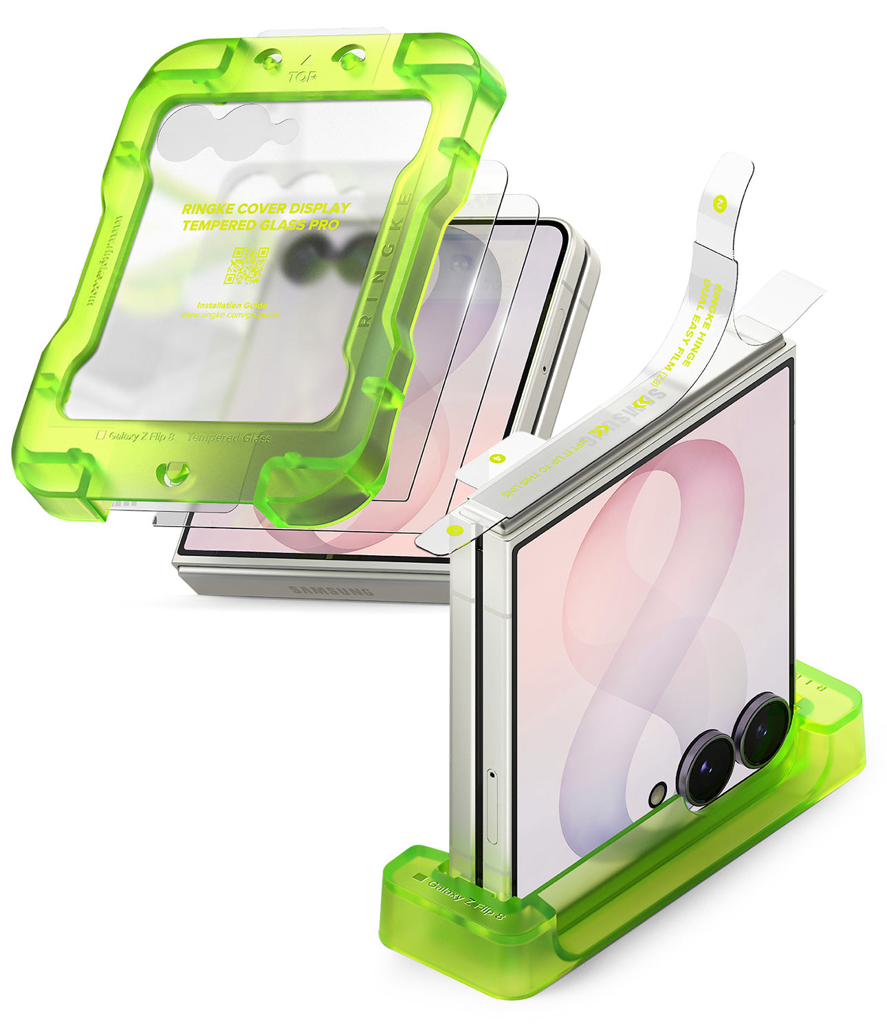 [Bundle] Galaxy Z Flip 8 | Screen + Hinge Protectors - A set of translucent neon green phone screen protectors shown with a smartphone on a white background. One protector is displayed flat with its peel-off backing, and another is shown mounted over the phone screen.