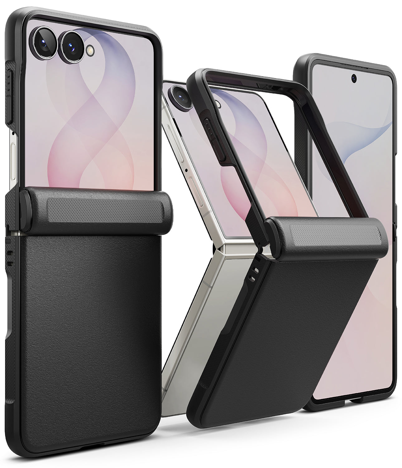 Galaxy Z Flip 8 Case | Onyx Flap - Black rugged smartphone case with a built-in kickstand, shown in three views: closed, partially open, and fully open with a phone inserted.