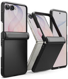 Galaxy Z Flip 8 Case | Onyx Flap - Black rugged smartphone case with a built-in kickstand, shown in three views: closed, partially open, and fully open with a phone inserted.