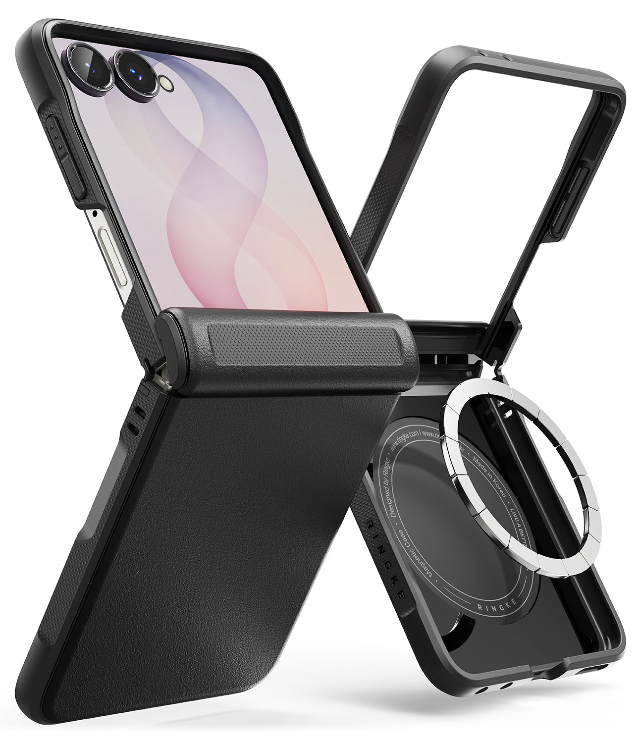 Galaxy Z Flip 8 Case | Onyx Flap Magnetic - Black rugged protective phone case with a built-in kickstand and circular magnetic ring, shown in both open and closed positions on a white background.