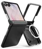 Galaxy Z Flip 8 Case | Onyx Flap Magnetic - Black rugged protective phone case with a built-in kickstand and circular magnetic ring, shown in both open and closed positions on a white background.