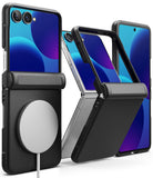 Galaxy Z Flip 8 Case | Onyx Flap Magnetic - Black protective phone case with a built-in magnetic wireless charging pad, shown fitted on a smartphone in three angles: front view, open clamshell view, and folded view.