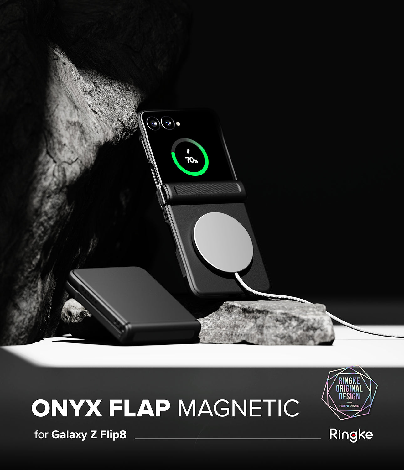 Galaxy Z Flip 8 Case | Onyx Flap Magnetic - A black magnetic flip phone case shown on a Samsung Galaxy Z Flip8, with the outer flap closed and the inner flap open, featuring a circular magnetic ring. The phone inside displays a green charging icon.