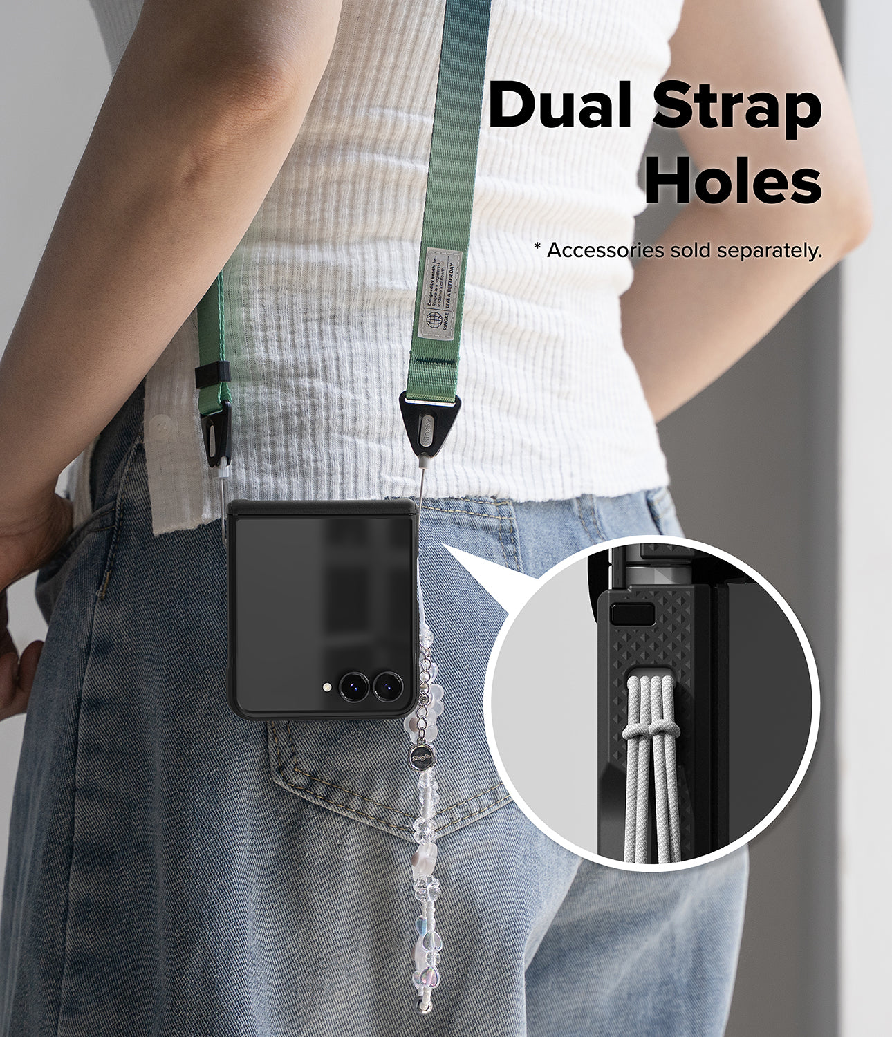 Galaxy Z Flip 8 Case | Onyx Flap Magnetic - A person wearing a black foldable phone case with a green dual-strap system hanging from the back pocket, shown with text reading 'Dual Strap Holes' and a circular inset detail of the strap attachment.