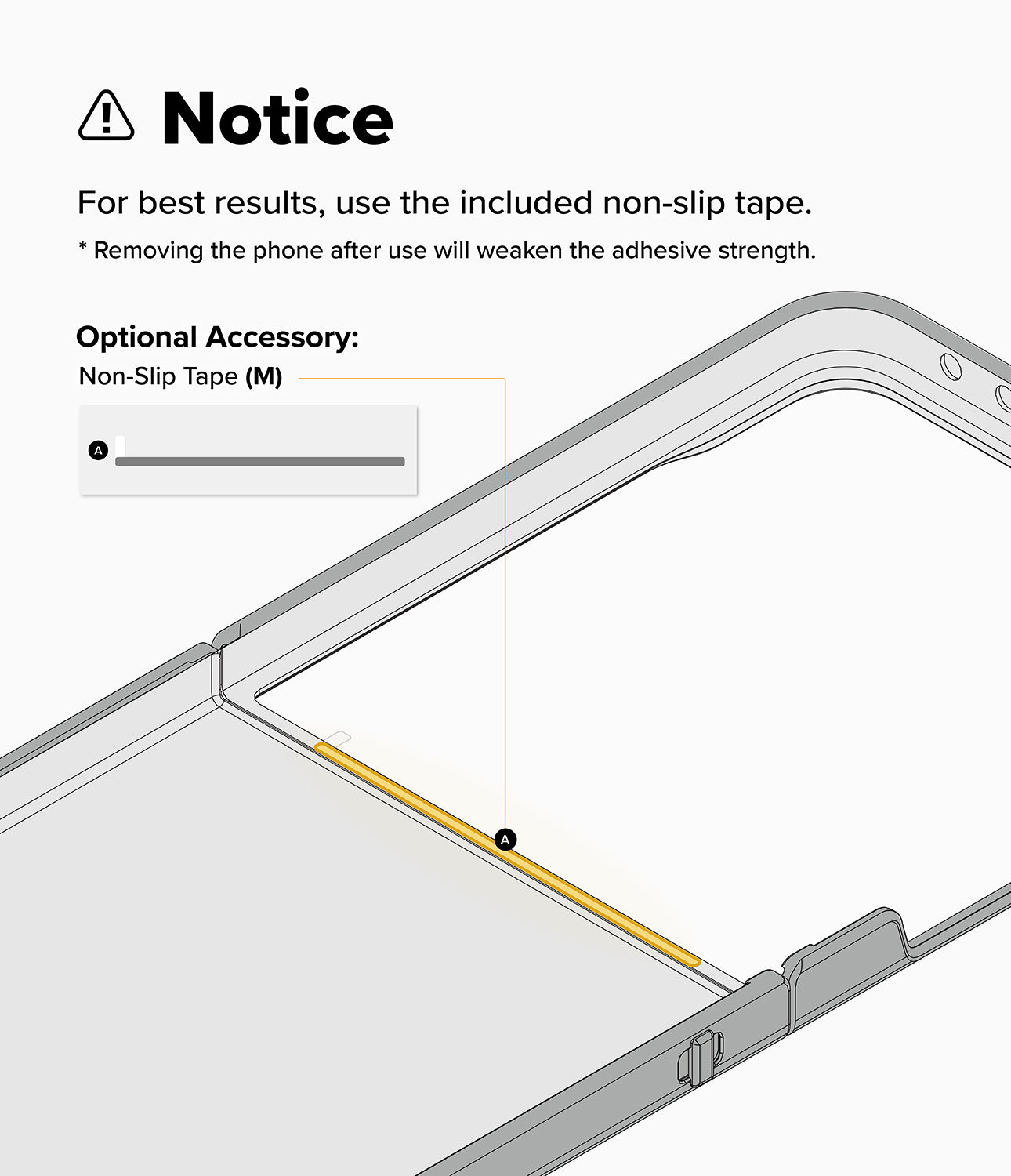 Galaxy Z Flip 8 Case | Onyx Flap Magnetic - Instruction graphic showing a smartphone with a highlighted non-slip tape strip inside the camera cutout, plus text noting to use the included non-slip tape and an optional accessory.