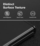 Galaxy Z Flip 8 Case | Onyx Flap Magnetic - Close-up of a black textured phone case corner with white text above reading 'Distinct Surface Texture' and icons for Anti-Fingerprint, Easy to clean, and Premium TPU.