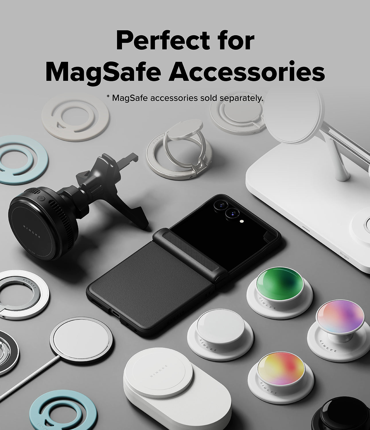 Galaxy Z Flip 8 Case | Onyx Flap Magnetic - A promotional layout showing a black foldable smartphone surrounded by various MagSafe-compatible accessories, including ring stands, suction cups, and magnetic mounts, with text reading 'Perfect for MagSafe Accessories.'.