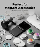 Galaxy Z Flip 8 Case | Onyx Flap Magnetic - A promotional layout showing a black foldable smartphone surrounded by various MagSafe-compatible accessories, including ring stands, suction cups, and magnetic mounts, with text reading 'Perfect for MagSafe Accessories.'.