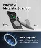 Galaxy Z Flip 8 Case | Onyx Flap Magnetic - Promotional graphic for a black magnetic phone case with a circular MagSafe ring, showing the case attached to a phone and a floating MagSafe ring. Text reads 'Powerful Magnetic Strength' and 'N52 Magnets' with a dark blue lower section.