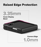 Galaxy Z Flip 8 Case | Onyx Flap Magnetic - A black phone case with a pink accent edge shown on a light gray background, with text highlighting raised edge protection: 3.35mm for the cover display bezel and 1.