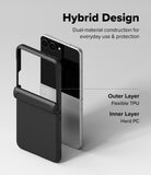 Galaxy Z Flip 8 Case | Onyx Flap Magnetic - A black hybrid phone case with a built-in kickstand is shown alongside a smartphone on a light gray background, with text explaining the dual-material design: outer layer flexible TPU and inner layer hard PC.