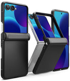 Galaxy Z Flip 8 Case | Onyx Flap - Black protective case for a foldable smartphone, shown in multiple angles with a phone inserted. The case features a textured lower panel and a hinge-like support structure, displayed on a clean white background.
