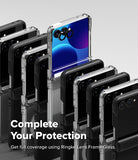 Galaxy Z Flip 8 Case | Onyx Flap - A promotional render showing multiple smartphone cases arranged in rows, with one clear case on a phone standing upright in the center. The text reads, 'Complete Your Protection' and 'Get full coverage using Ringke Lens FrameGlass.