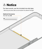 Galaxy Z Flip 8 Case | Onyx Flap - Instruction graphic showing a smartphone with a highlighted non-slip tape strip inside the camera cutout, plus text noting to use the included non-slip tape and an optional accessory.
