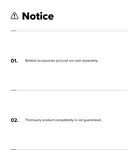 Galaxy Z Flip 8 Case | Onyx Flap - A black and white notice page with a warning icon and numbered points 03 and 04 stating that related accessories are sold separately and third-party product compatibility is not guaranteed.