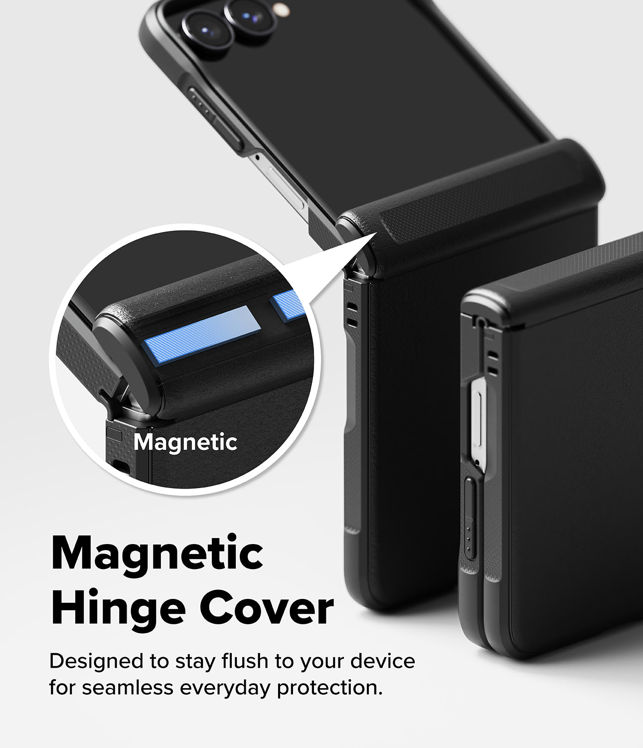 Galaxy Z Flip 8 Case | Onyx Flap - Black magnetic hinge cover case shown attached to a smartphone, with a circular inset highlighting the magnetic feature and text reading 'Magnetic Hinge Cover' on a light gray background.