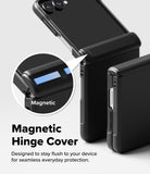 Galaxy Z Flip 8 Case | Onyx Flap - Black magnetic hinge cover case shown attached to a smartphone, with a circular inset highlighting the magnetic feature and text reading 'Magnetic Hinge Cover' on a light gray background.