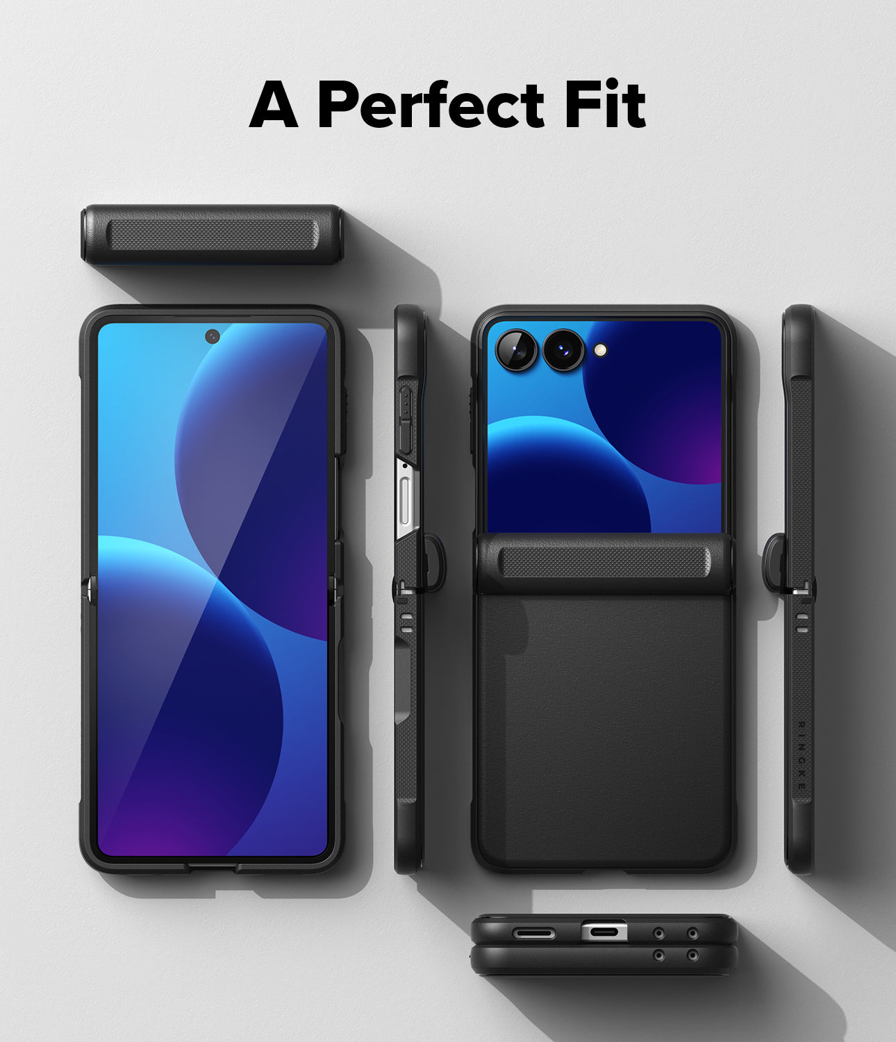 Galaxy Z Flip 8 Case | Onyx Flap - A black smartphone case shown from multiple angles on a light gray background, with the text 'A Perfect Fit' at the top. The phone inside the case displays a blue and purple wallpaper.