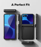 Galaxy Z Flip 8 Case | Onyx Flap - A black smartphone case shown from multiple angles on a light gray background, with the text 'A Perfect Fit' at the top. The phone inside the case displays a blue and purple wallpaper.