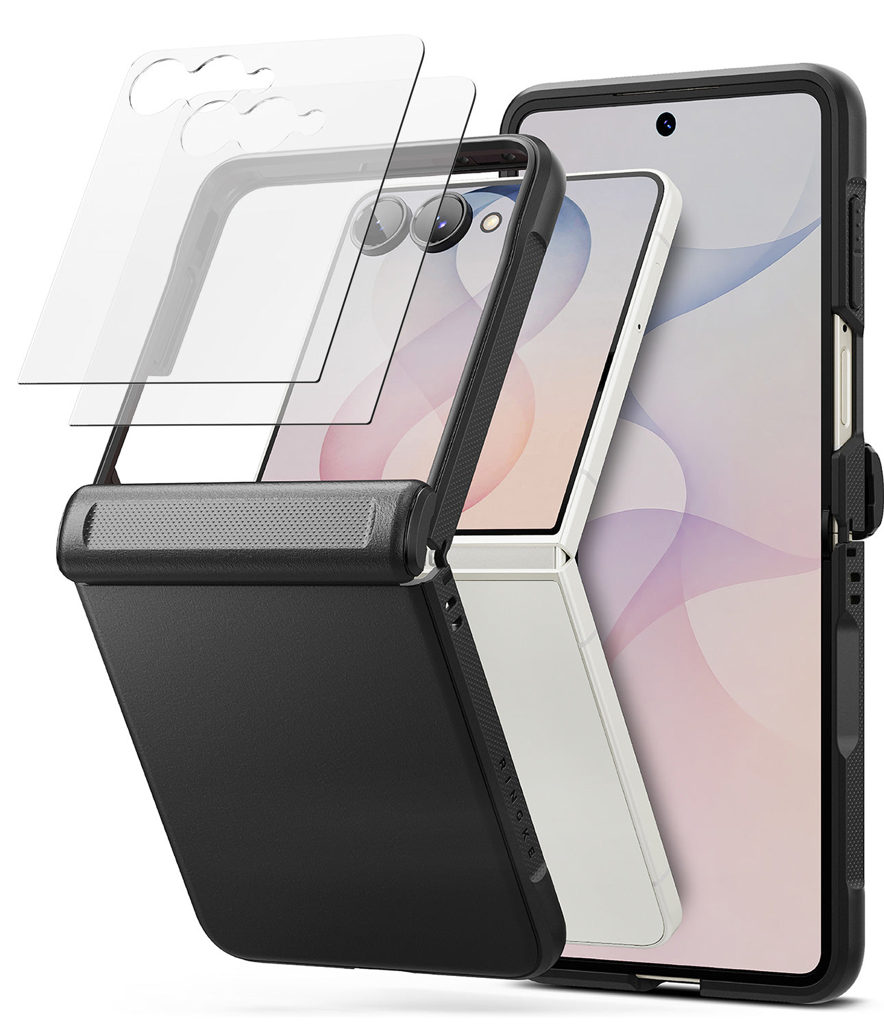 [Bundle] Galaxy Z Flip 8 | Onyx Flap + Screen Protectors (2P) - A black protective case for a foldable smartphone, shown with a partially unfolded phone inside and two transparent screen protectors floating above. The phone display is visible, but screen content colors are excluded from product color decisions.