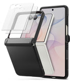 [Bundle] Galaxy Z Flip 8 | Onyx Flap + Screen Protectors (2P) - A black protective case for a foldable smartphone, shown with a partially unfolded phone inside and two transparent screen protectors floating above. The phone display is visible, but screen content colors are excluded from product color decisions.
