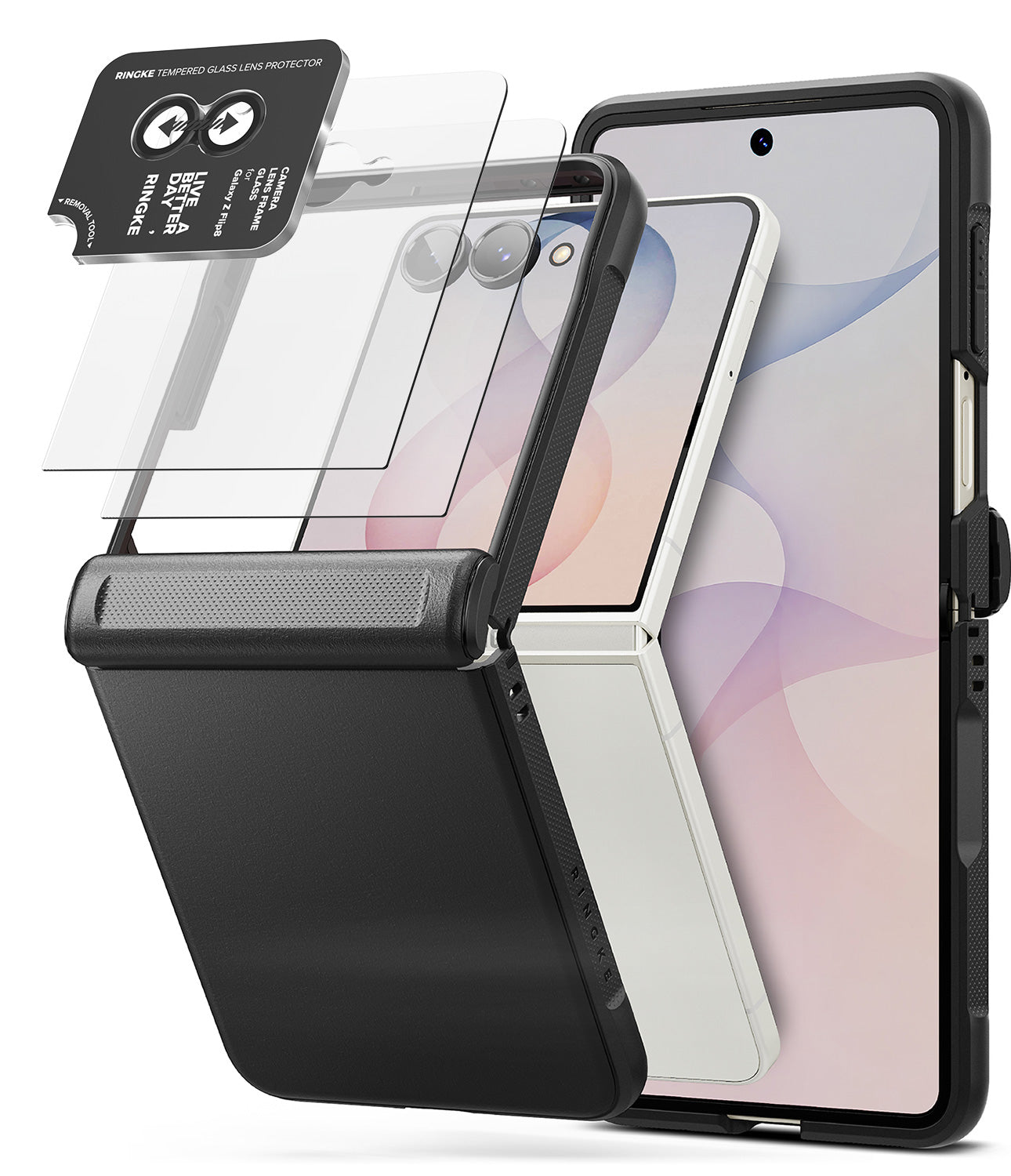 [Bundle] Galaxy Z Flip 8 | Onyx Flap + Screen / Camera Protectors (2P) - A black protective case for a foldable smartphone, shown with a partially unfolded phone inside and several transparent screen protectors floating above it on a white background.