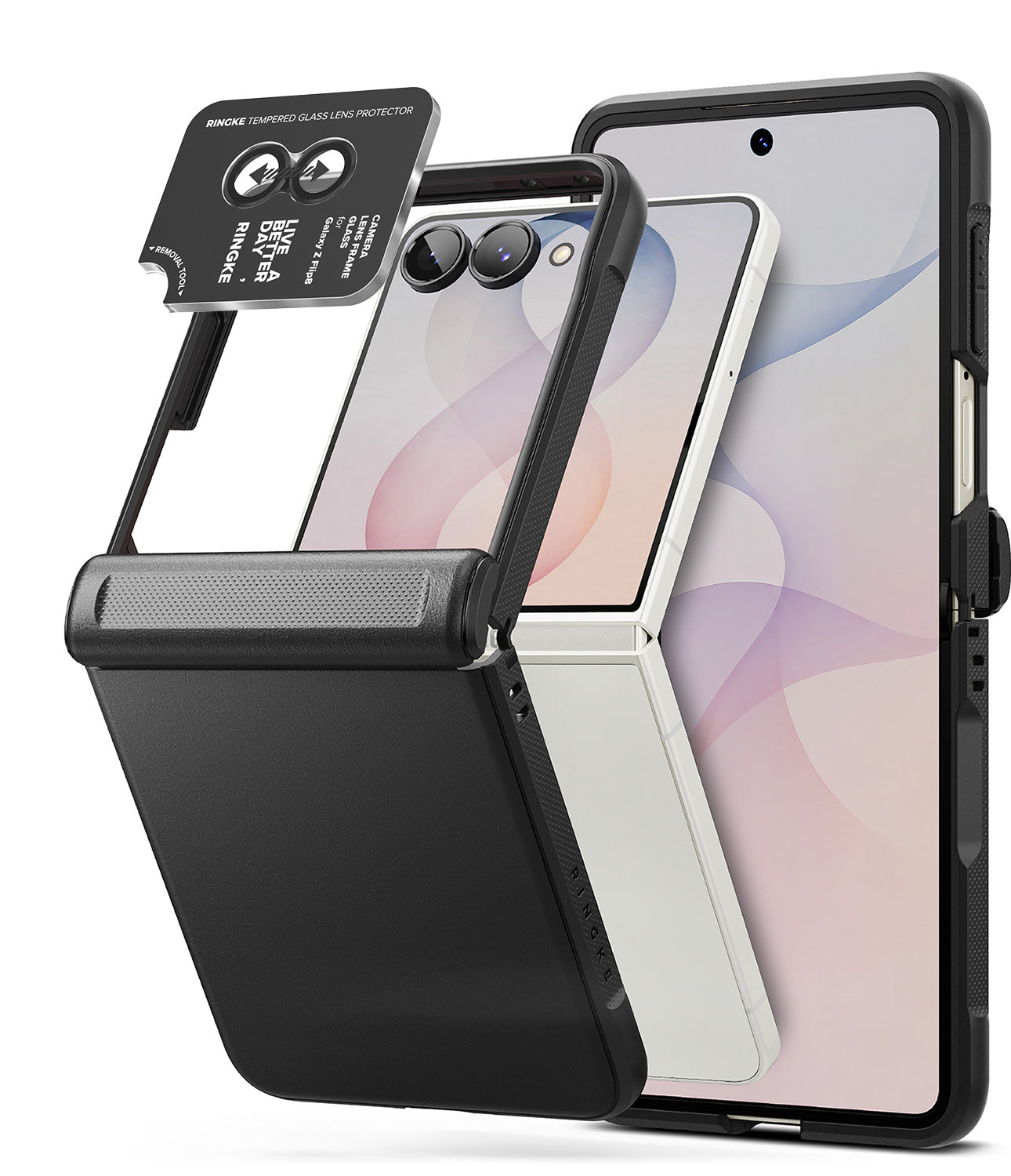 [Bundle] Galaxy Z Flip 8 | Onyx Flap + Camera Protectors (2P) - A black smartphone accessory case with a built-in flip-out camera lens protector, shown attached to a foldable phone. The image displays both the back view of the phone with the case installed and a separate, detached lens protector accessory floating above it on a clean white background.